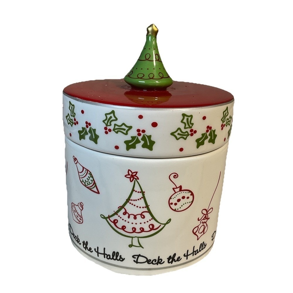 Deck The Halls Pillar Candle Holder Jar w/ Lid Ceramic Christmas‎ Candle